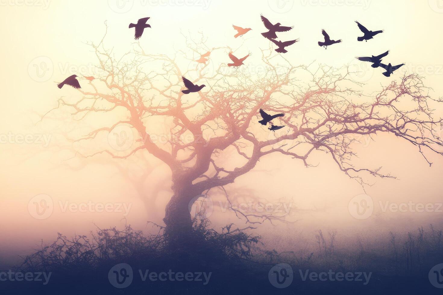 A tree with birds flying around it in the fog photo