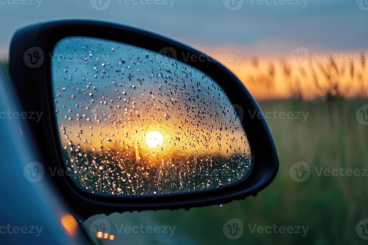 A car side mirror with rain on it photo