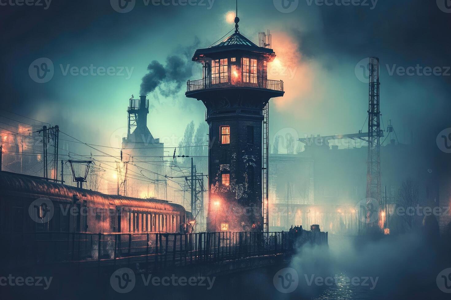 A train is driving through a city at night photo