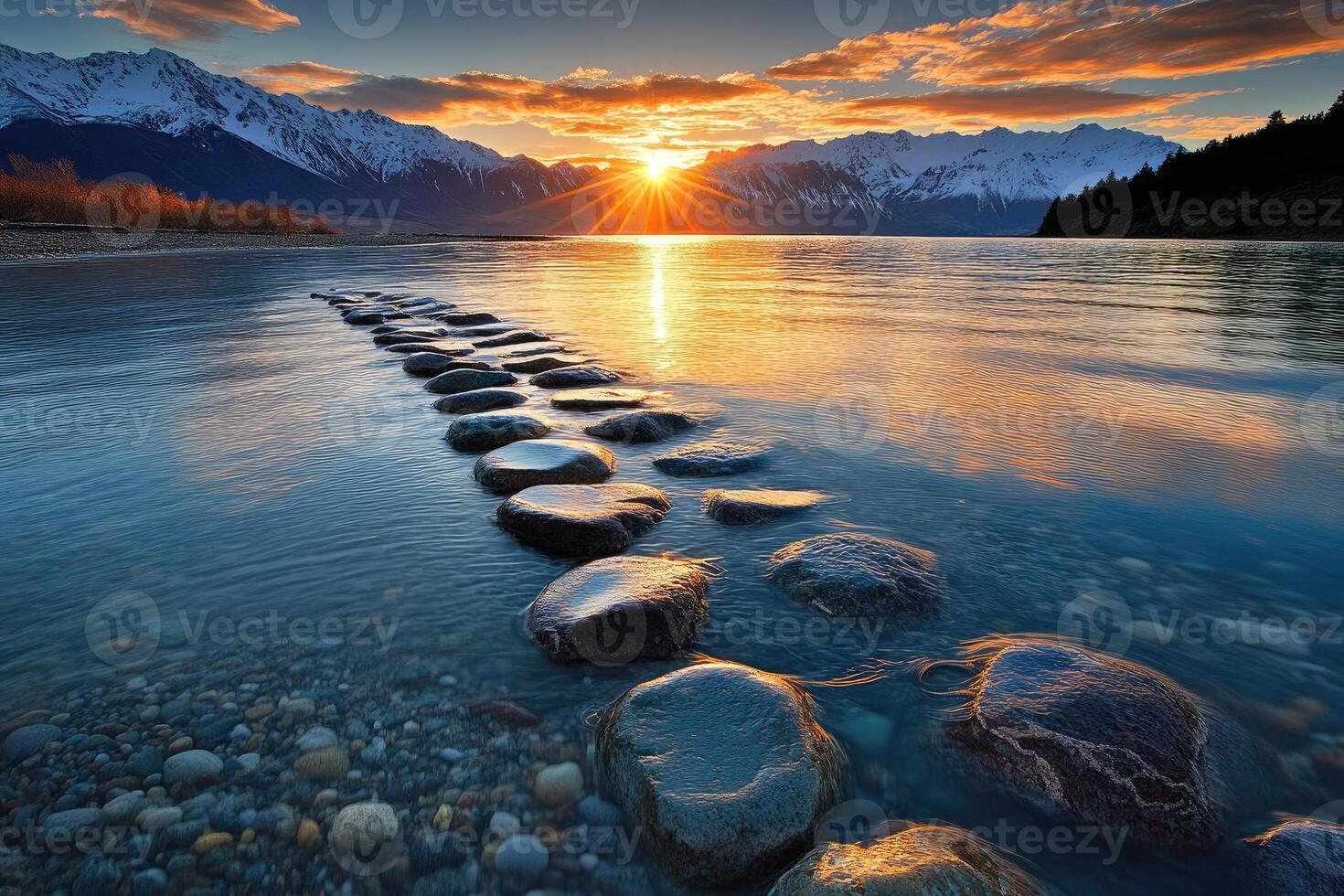Stepping stones in the water at sunset photo