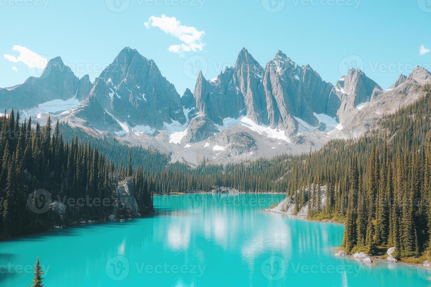 A beautiful lake surrounded by mountains and trees photo