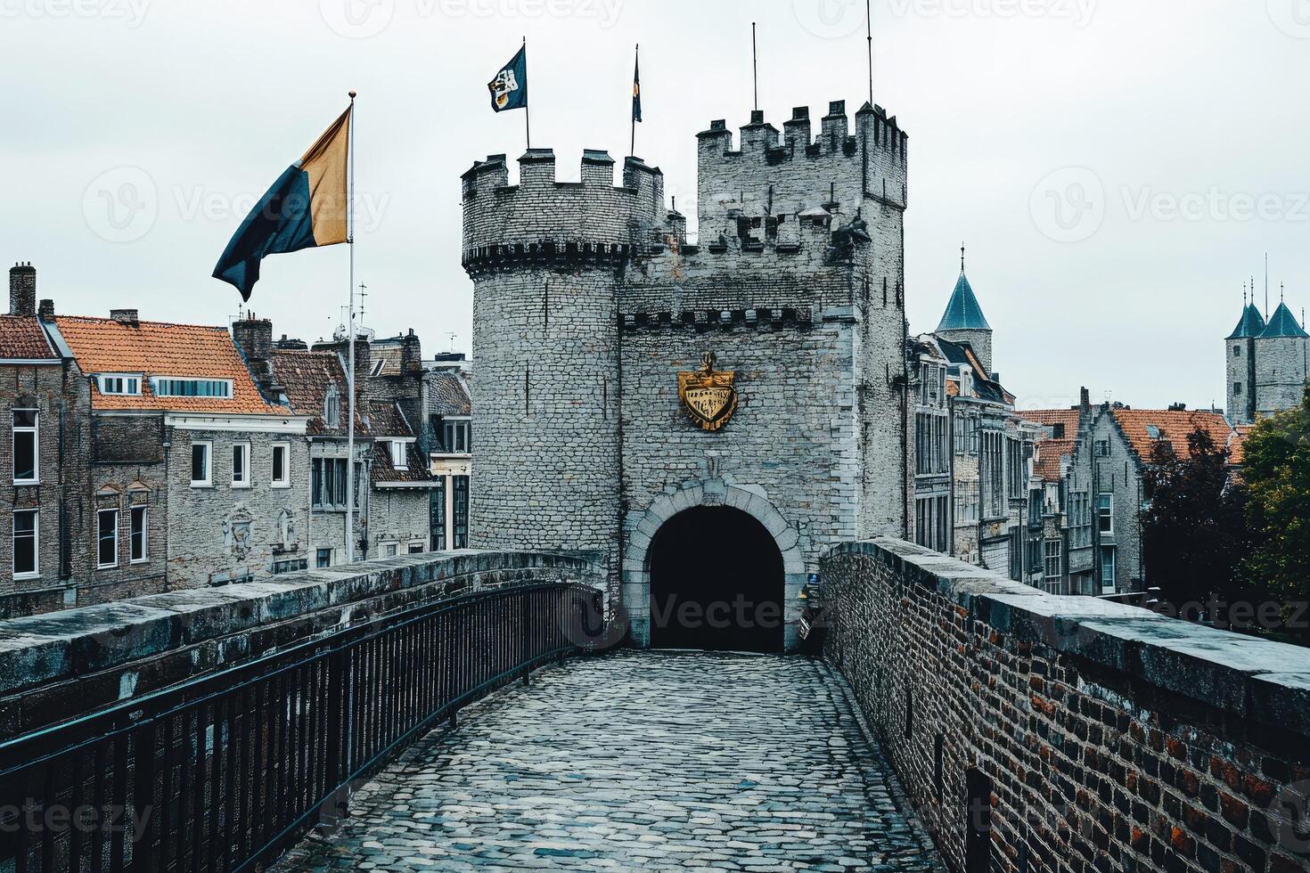 A bridge leading to a castle with a flag on top photo