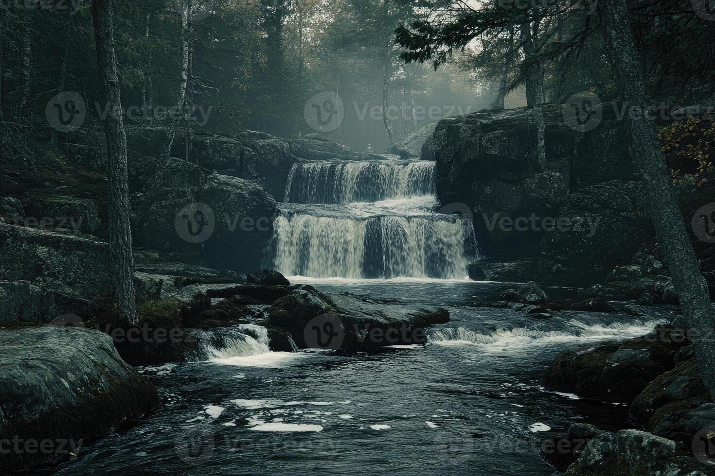 A waterfall in the woods with trees and rocks photo
