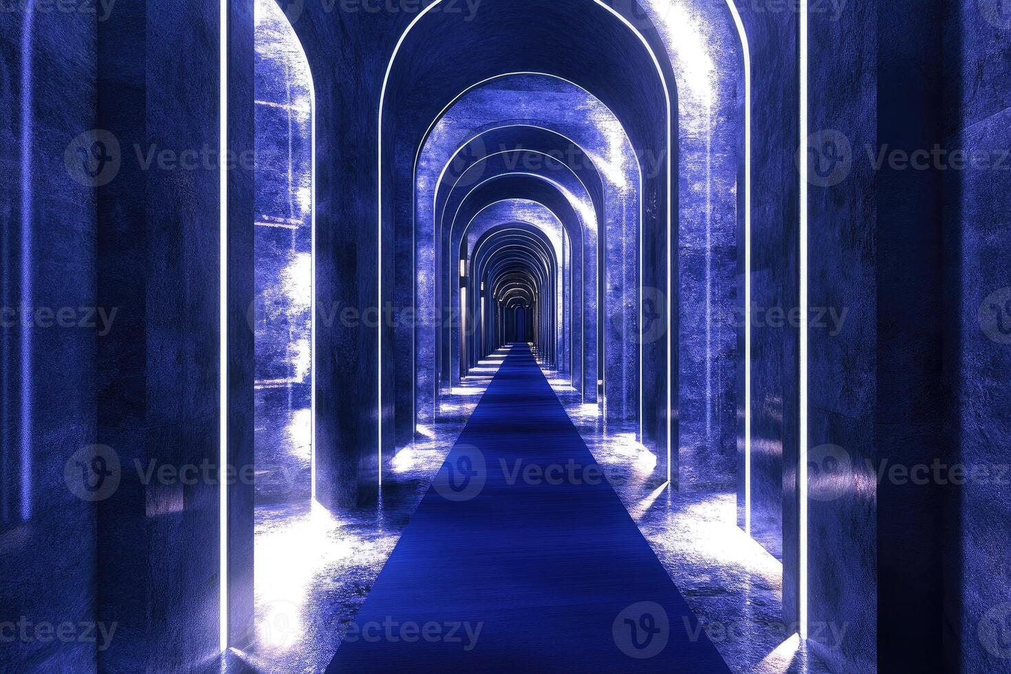 A long hallway with blue carpet and light coming from the ceiling photo