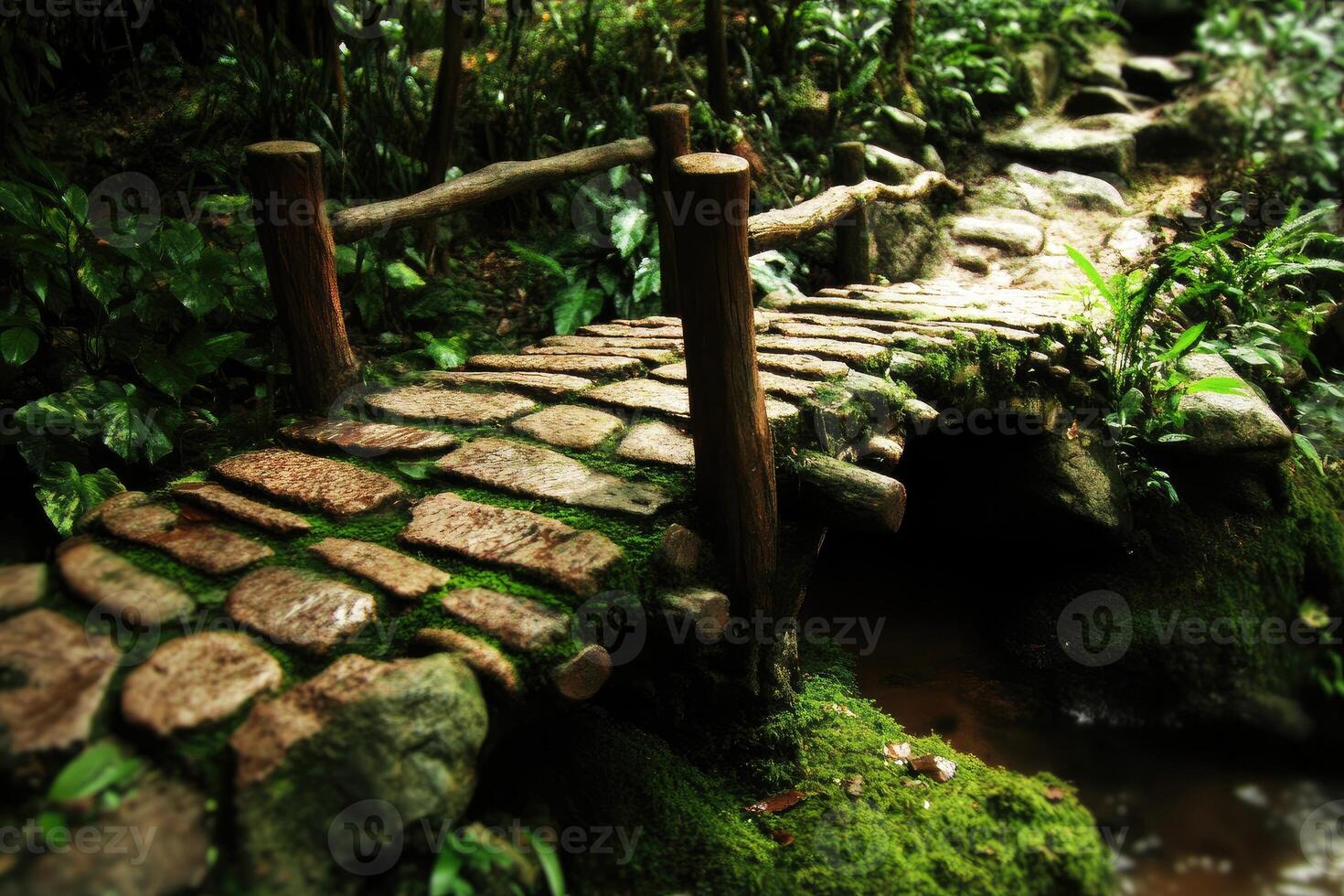 A bridge in the jungle with moss growing on it photo
