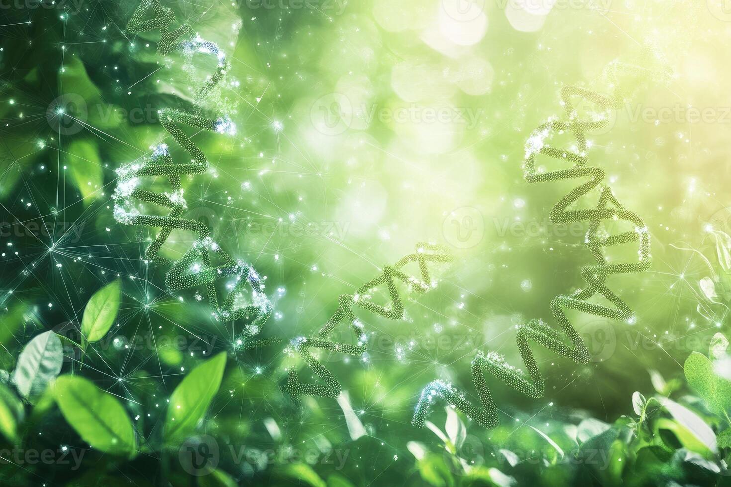 Dna molecules in the background of green plants photo