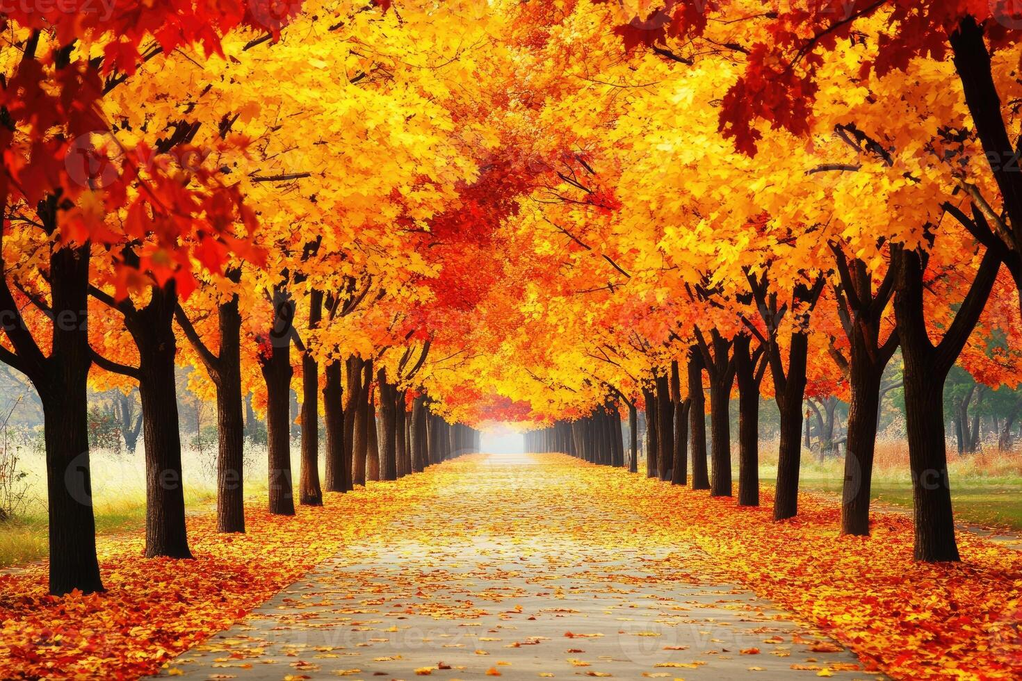 Autumn trees lined up in a pathway with leaves on the ground photo