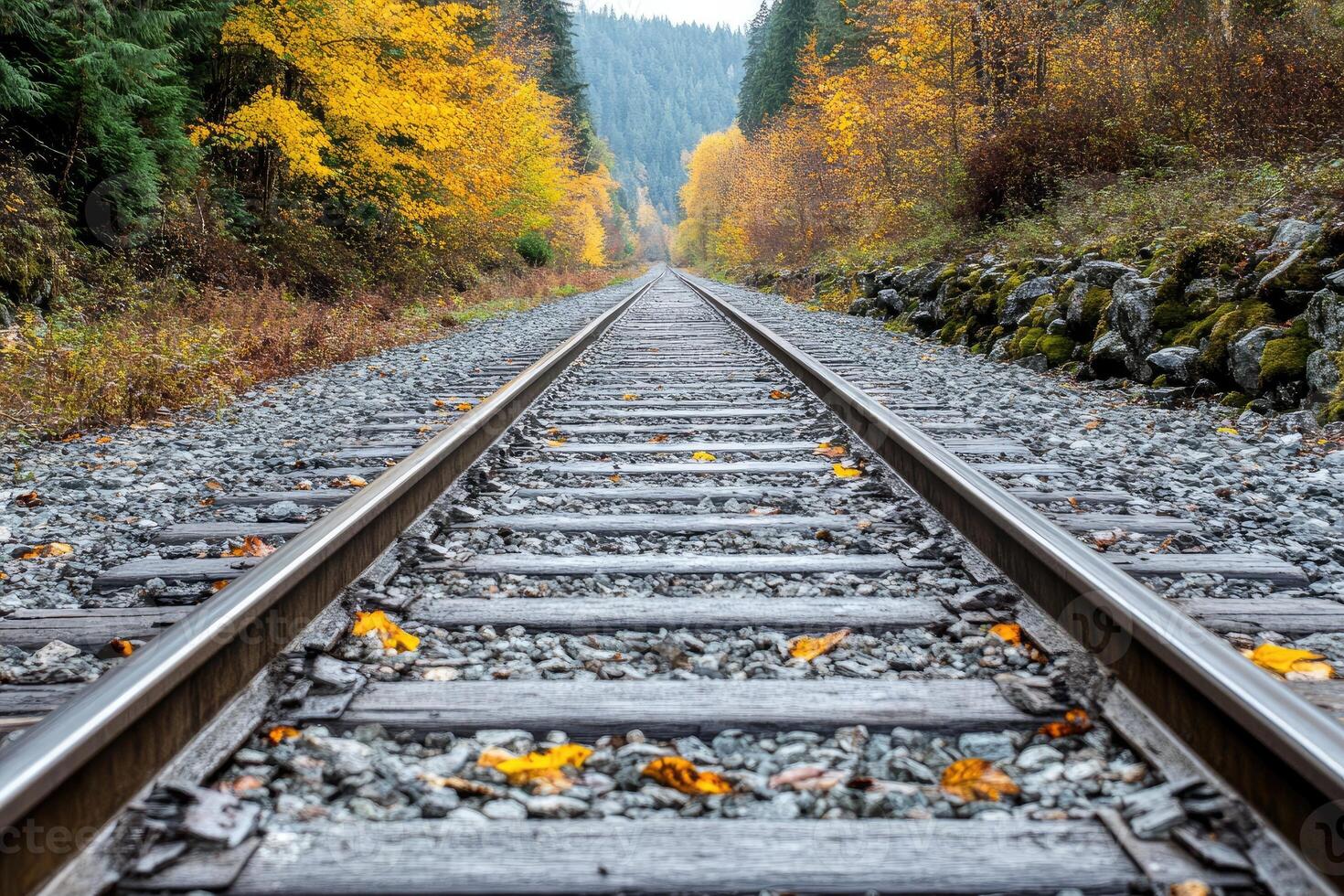 A railroad track with leaves on the ground photo