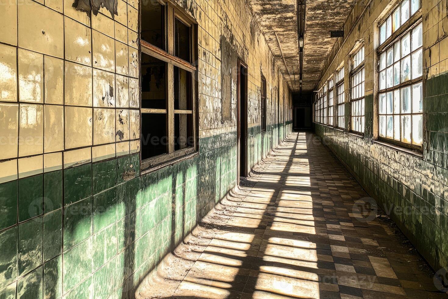 A long hallway with green and white tiled walls photo