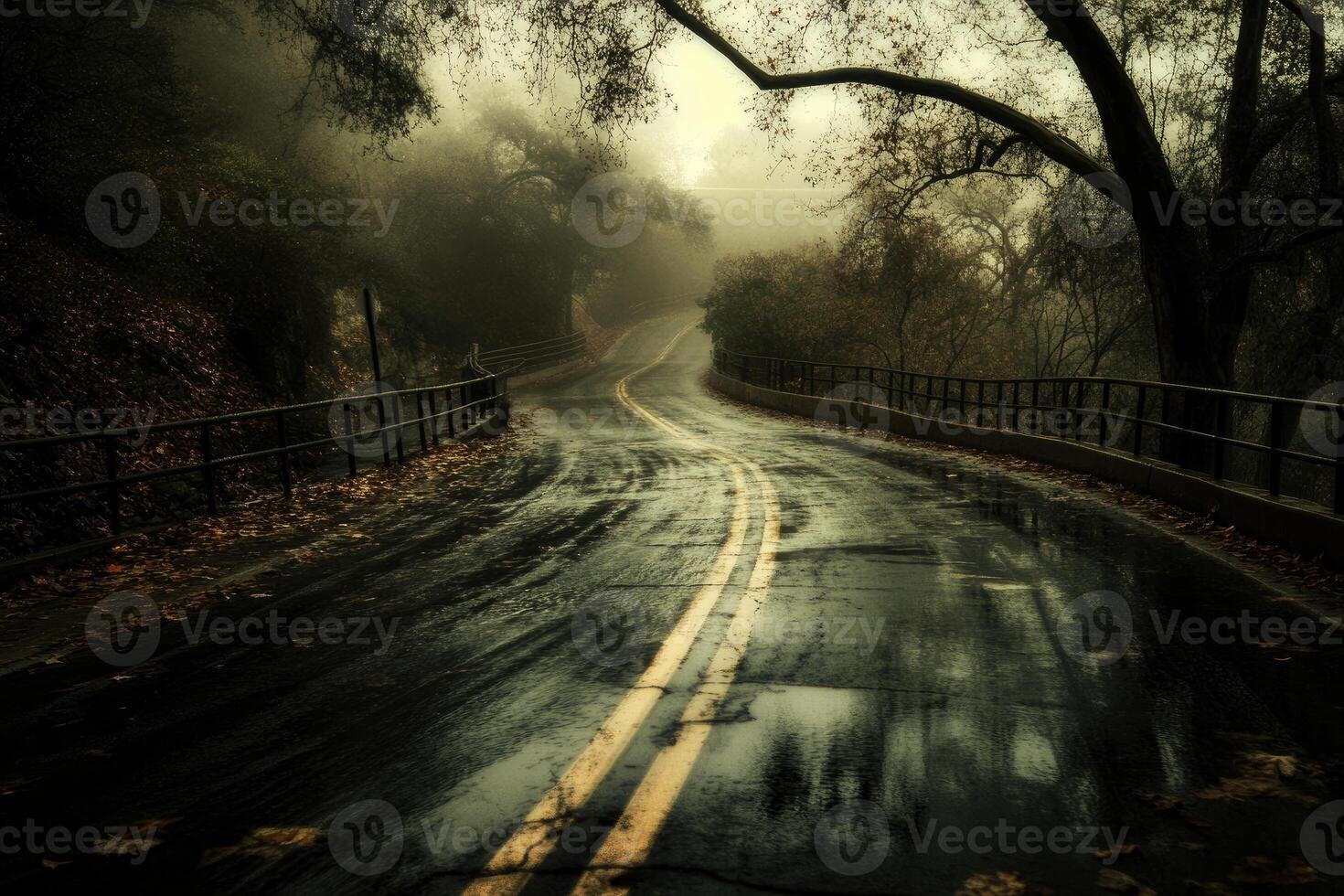 A wet road with trees and a bridge in the fog photo