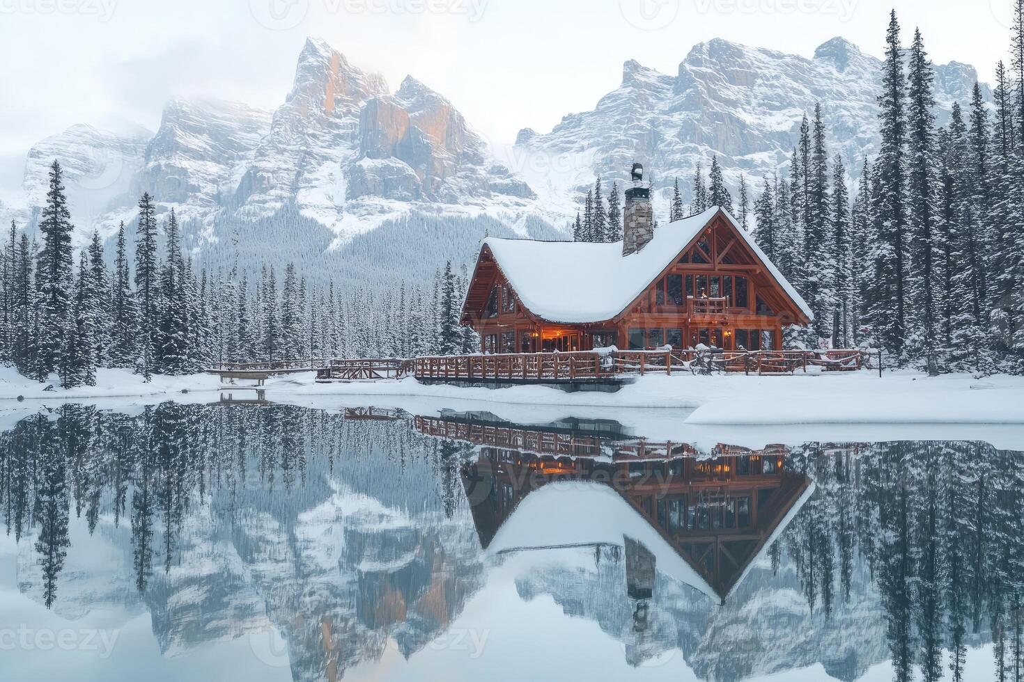 A cabin sits on the shore of a lake surrounded by snow covered mountains photo