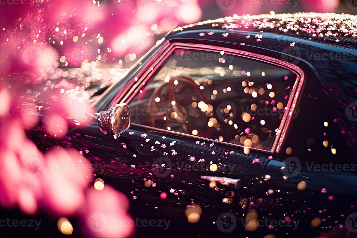 A car is parked in front of pink flowers photo