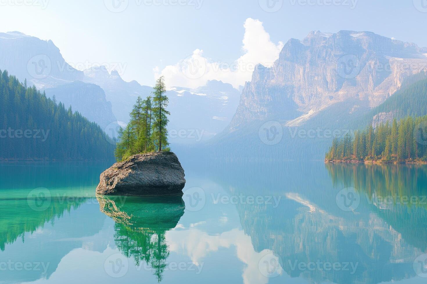 A tree is on a rock in the middle of a lake photo