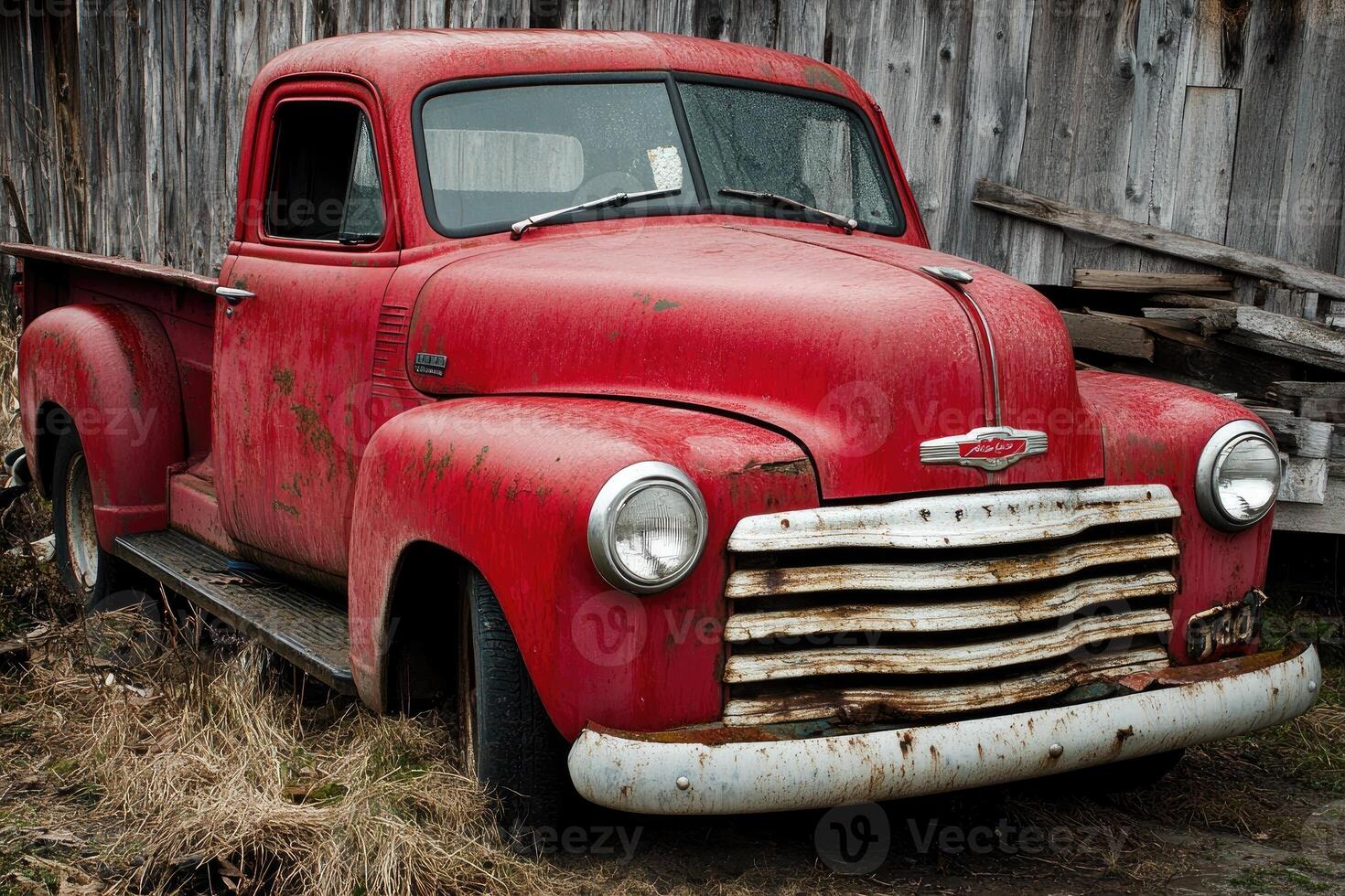 An old red truck parked in front of a barn photo