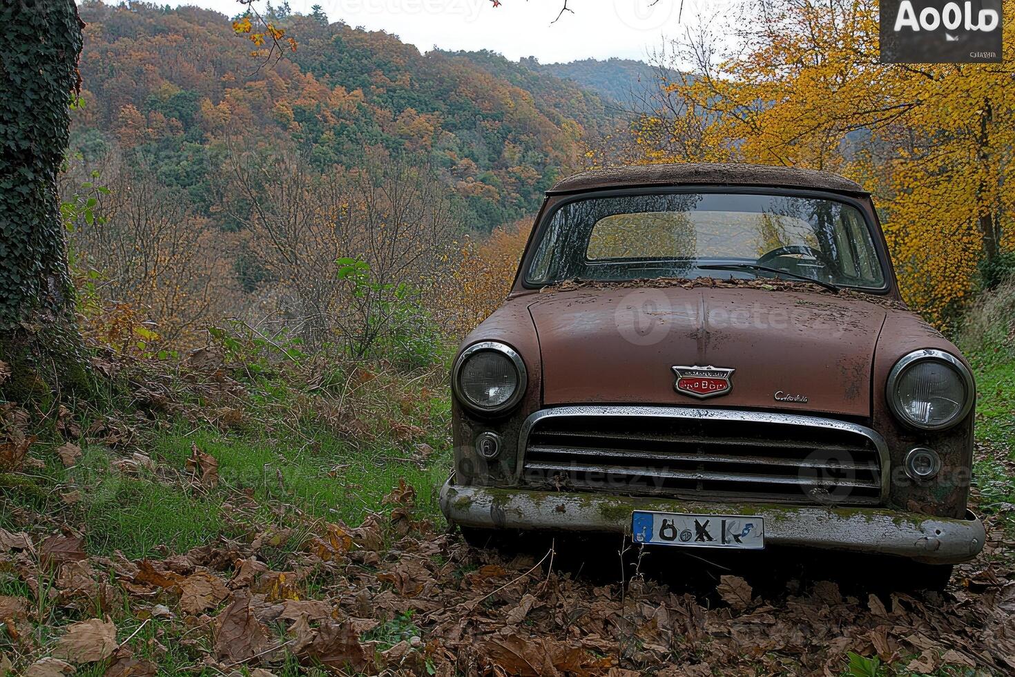 A rusted car is parked in the woods photo