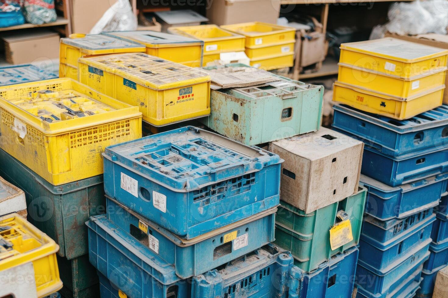 A pile of boxes and crates in a warehouse photo