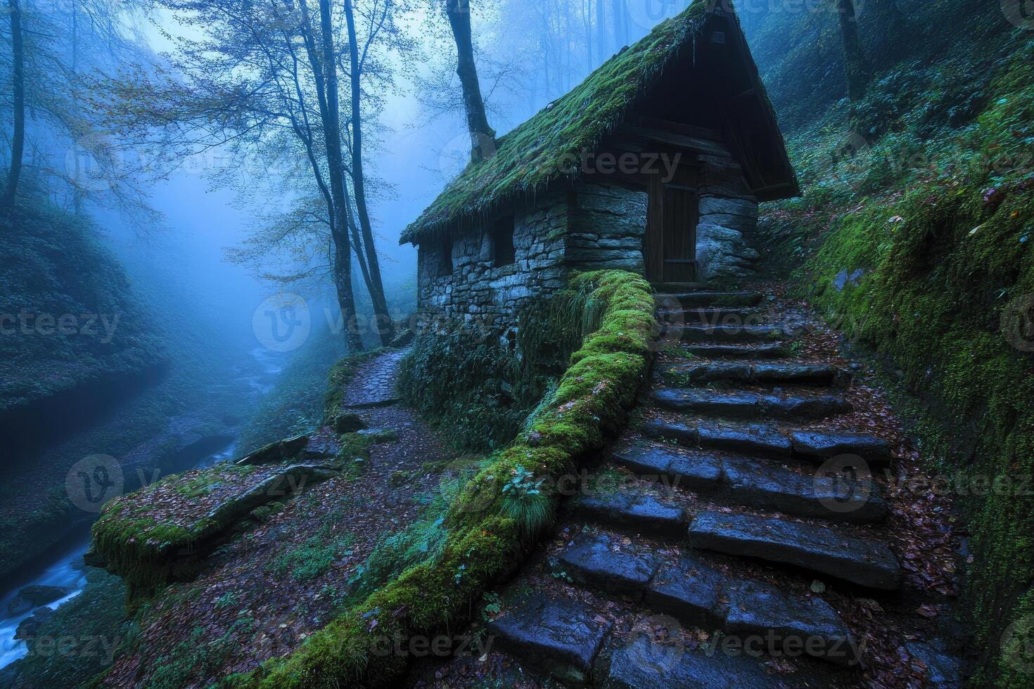 A small cabin in the woods with steps leading up to it photo