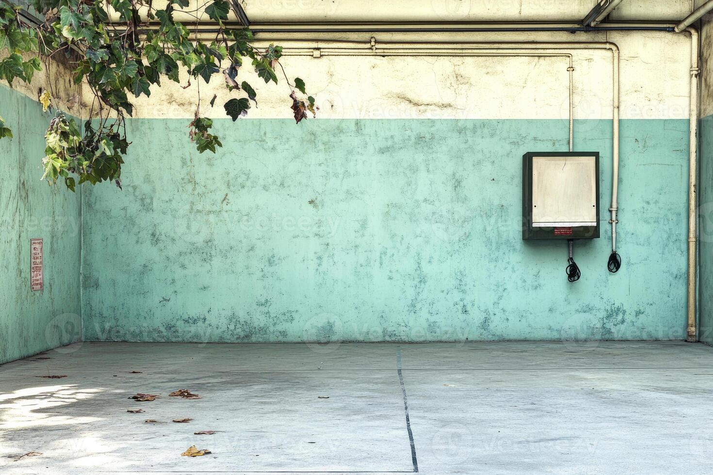 An empty garage with a blue wall and a tree photo