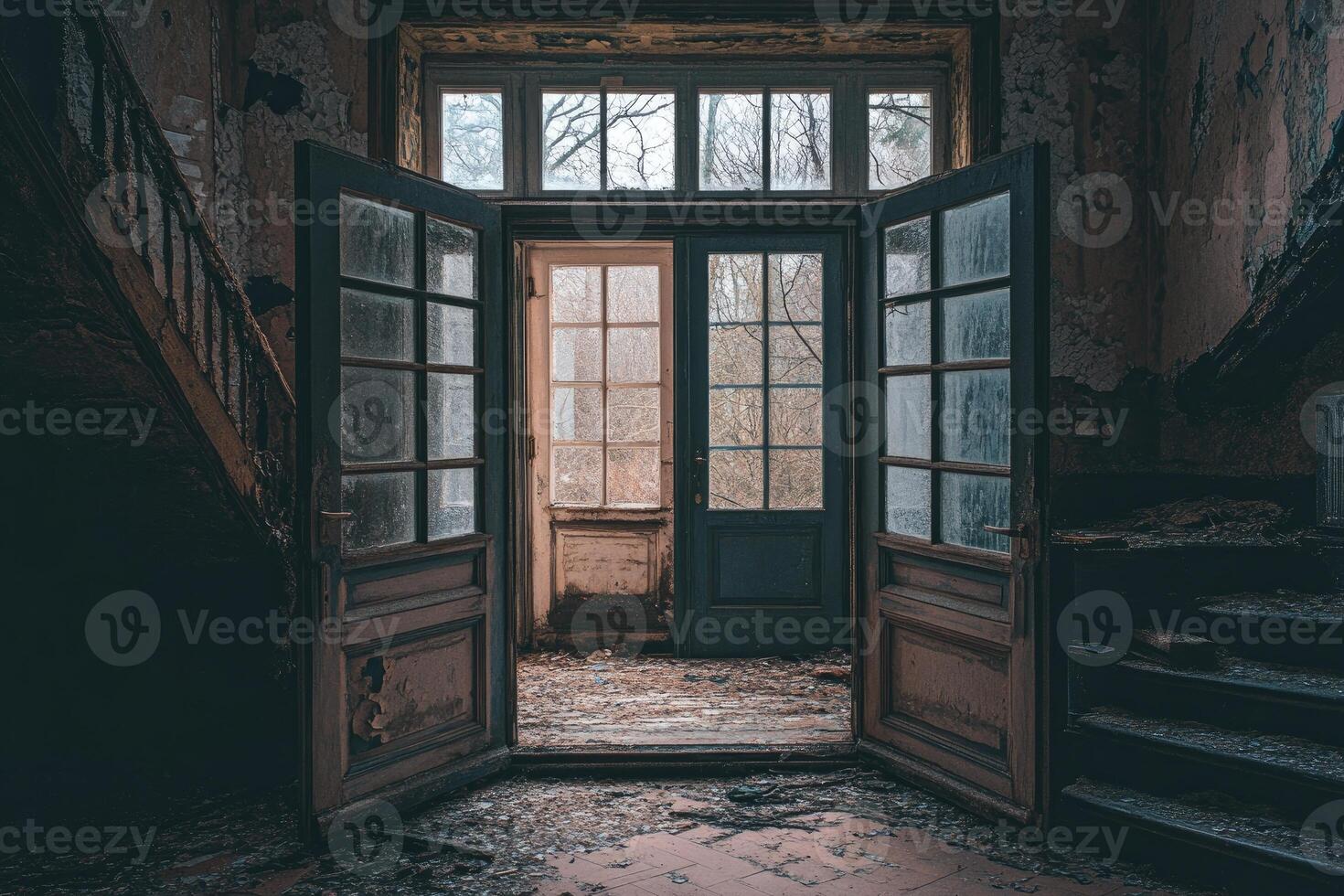 An open door to a room with a staircase photo