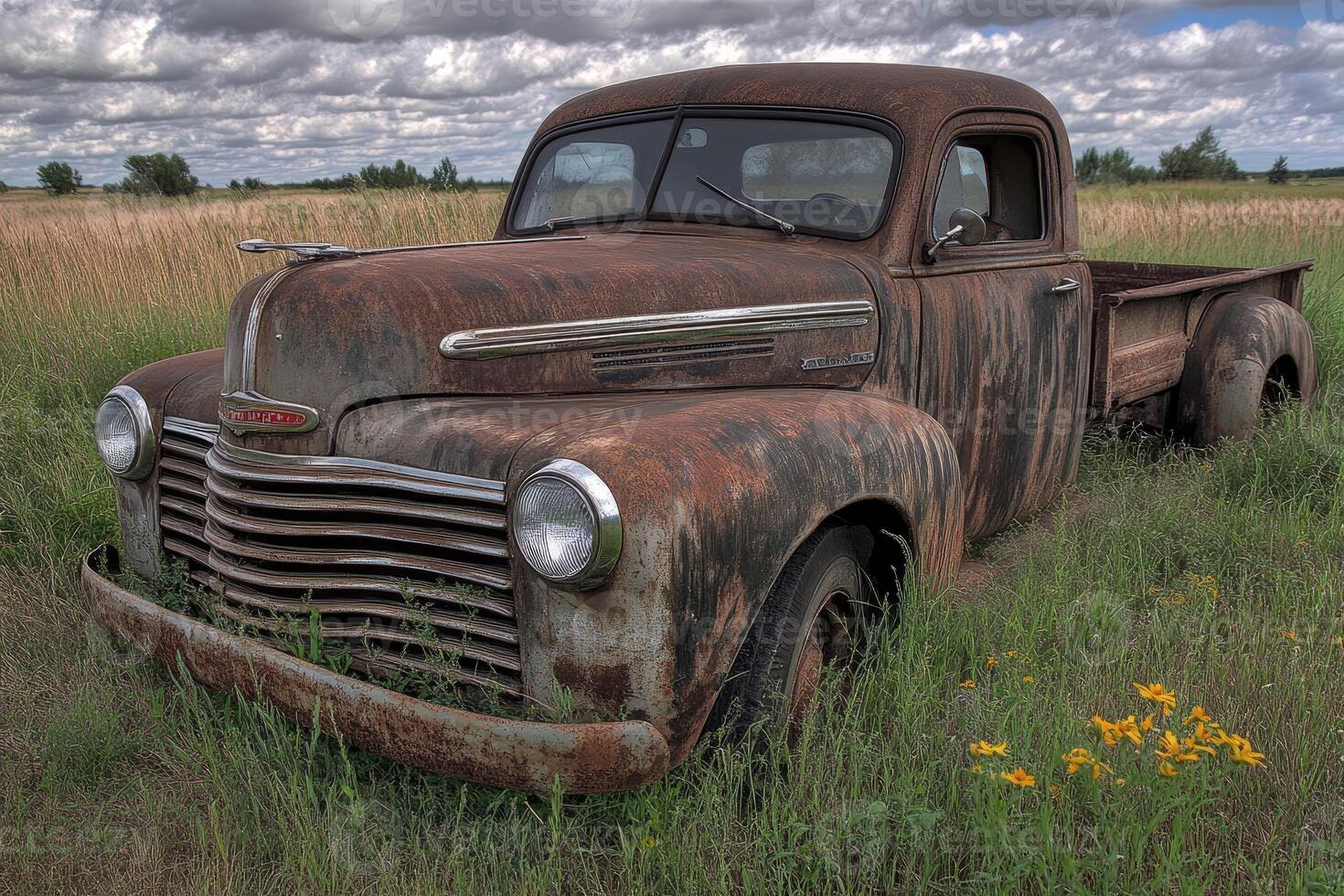 An old rusty truck is sitting in a field photo