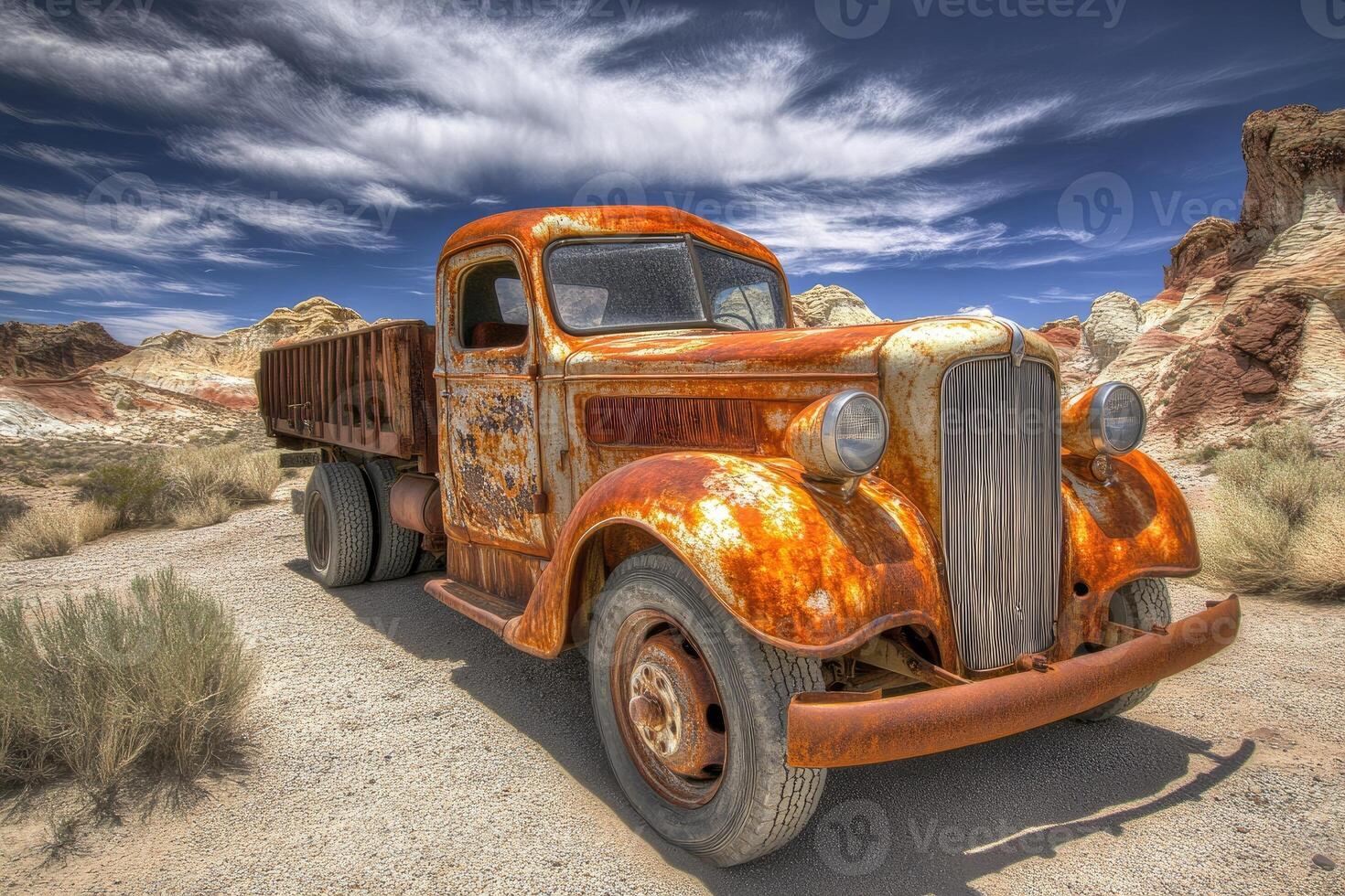 An old rusty truck is parked in the desert photo