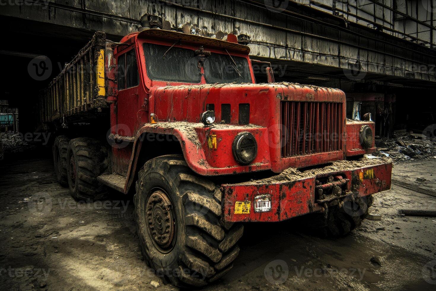 A red dump truck parked in a dirty building photo