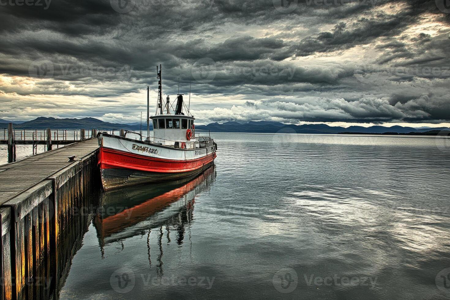 A boat is docked at a dock photo