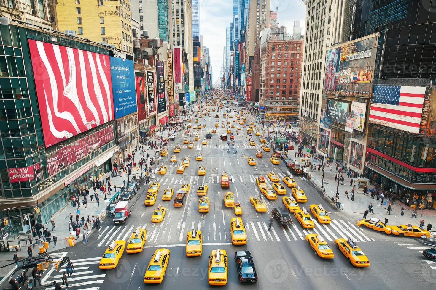 A busy city street with many yellow cabs photo