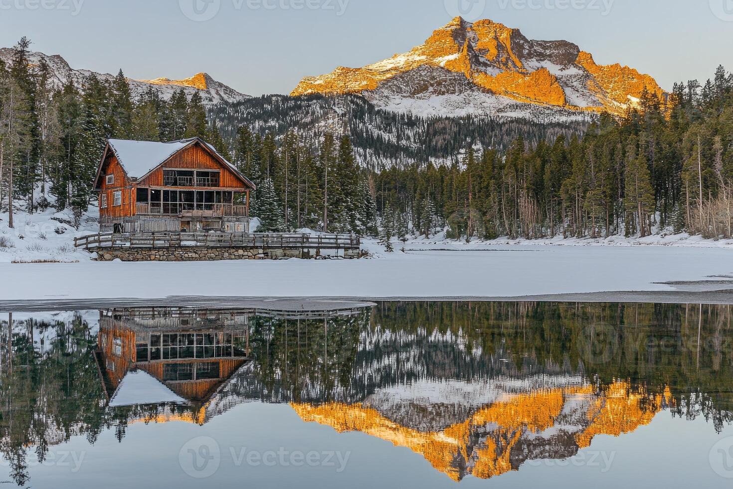 A cabin sits on the shore of a lake with snow covered mountains in the background photo