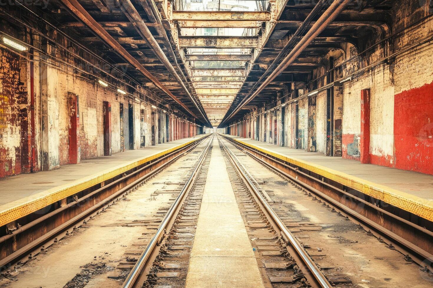 An empty subway station with a train track photo