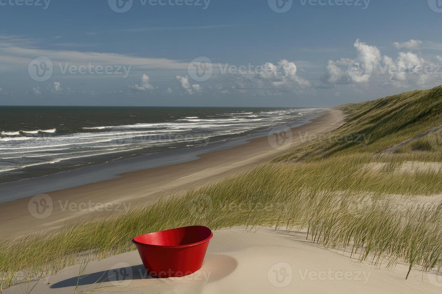 Red bucket atop coastal dune overlooking serene beach and ocean photo