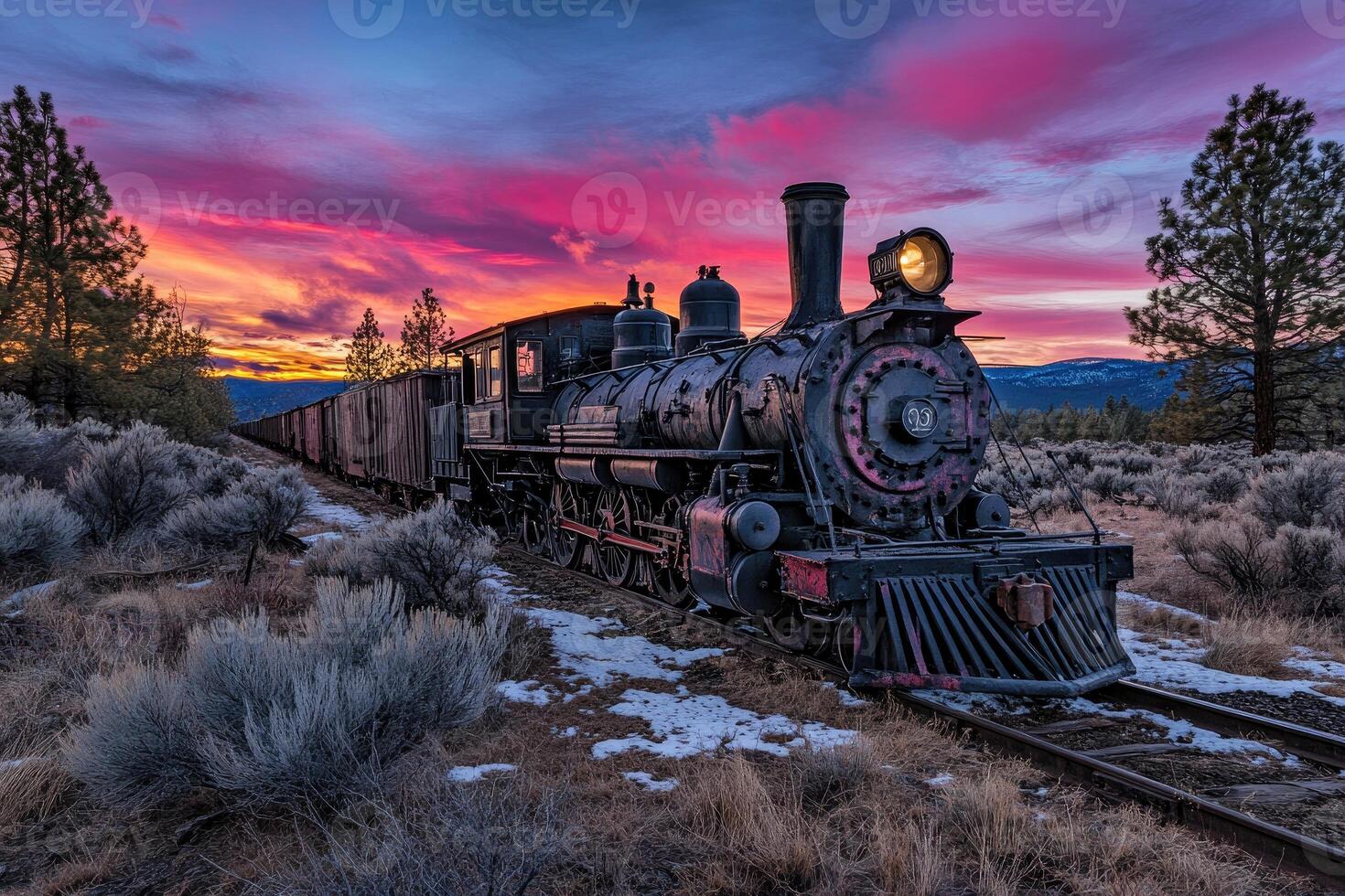 Majestic steam locomotive at sunset, traversing a snowy, desert landscape photo