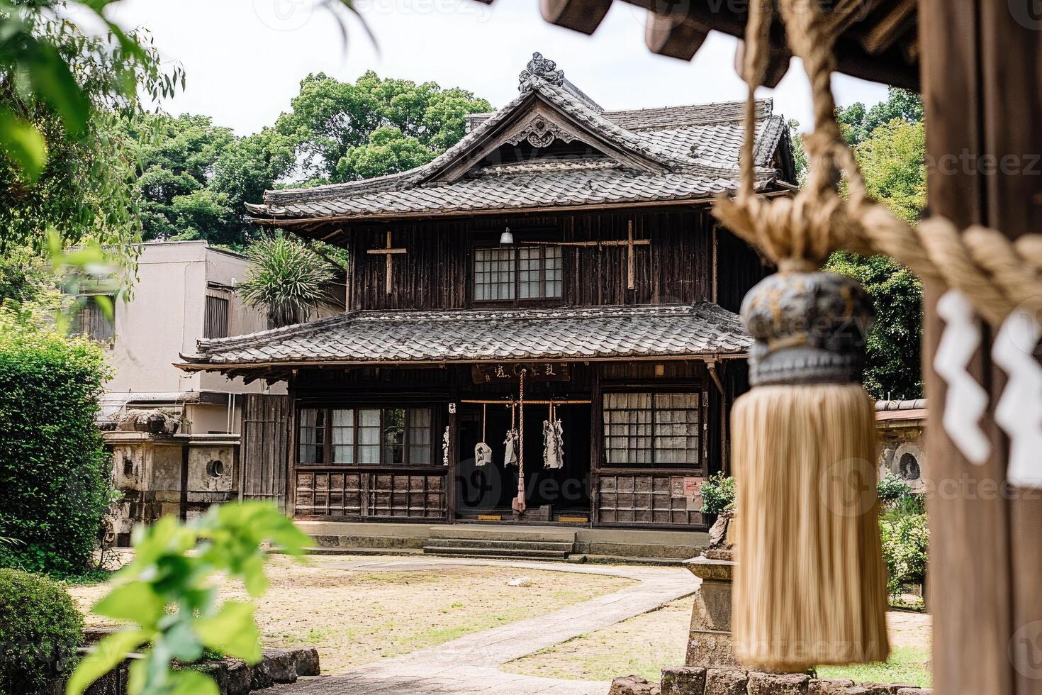 Traditional Japanese temple. Wooden structure, tiled roof, serene garden photo