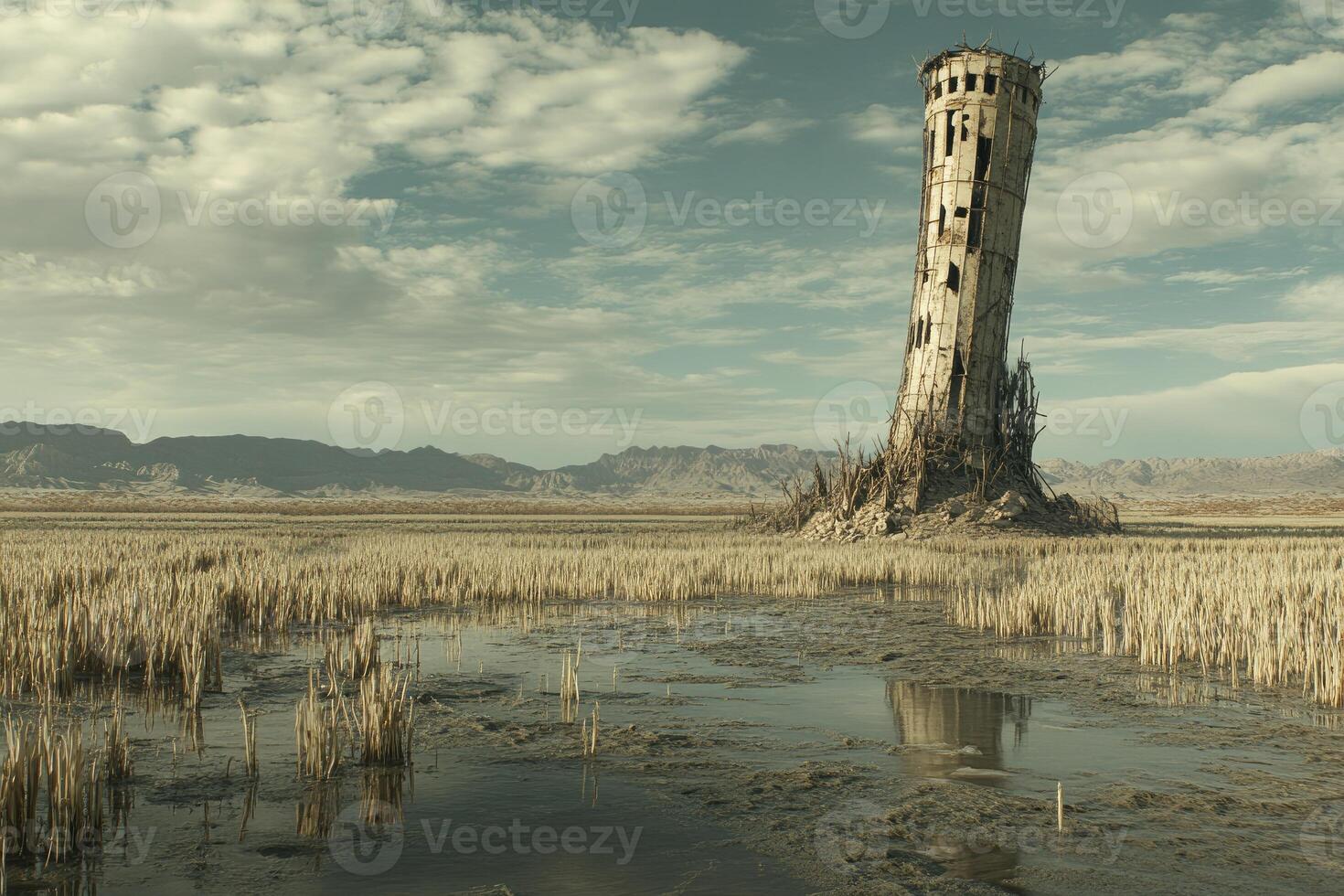 A tower in the middle of a field photo
