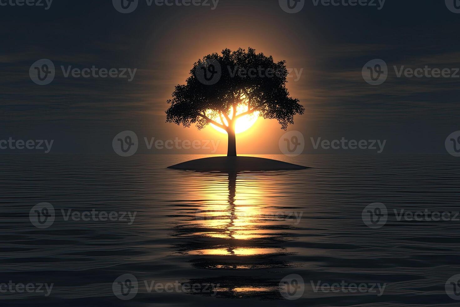 A tree is standing on an island in the middle of the ocean photo