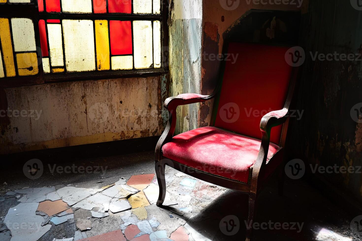 A red chair sitting in a room with stained glass windows photo