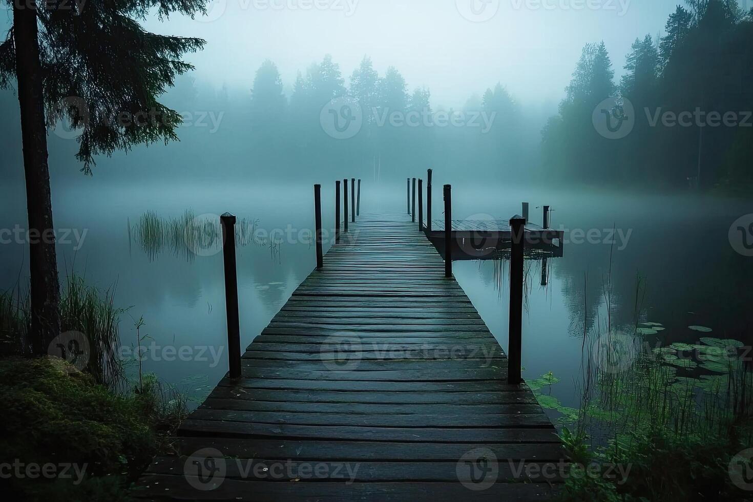 A dock leads to a lake surrounded by trees photo