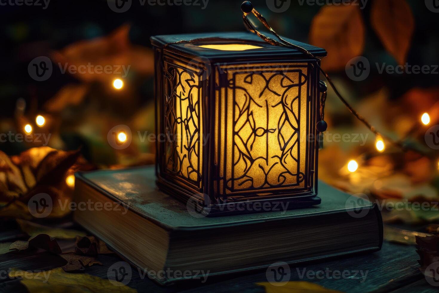 A lantern is sitting on top of a book photo