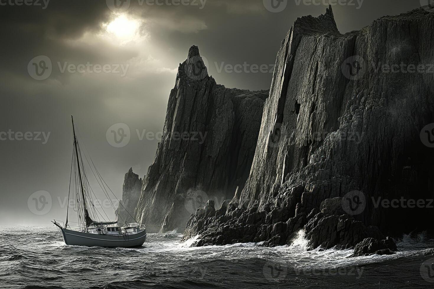 A sailboat in the ocean near a rocky shore photo