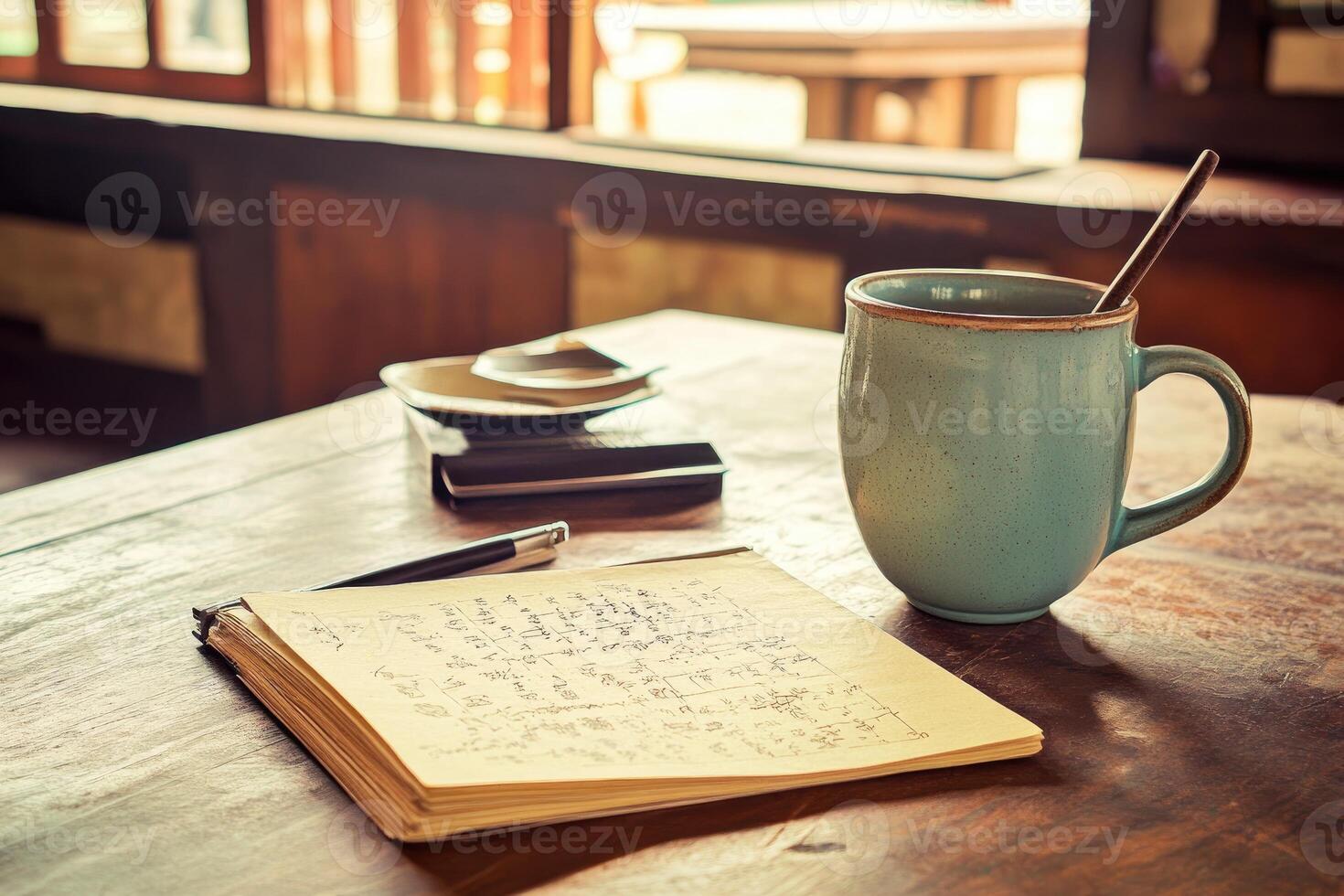 A notebook and a cup of coffee on a table photo