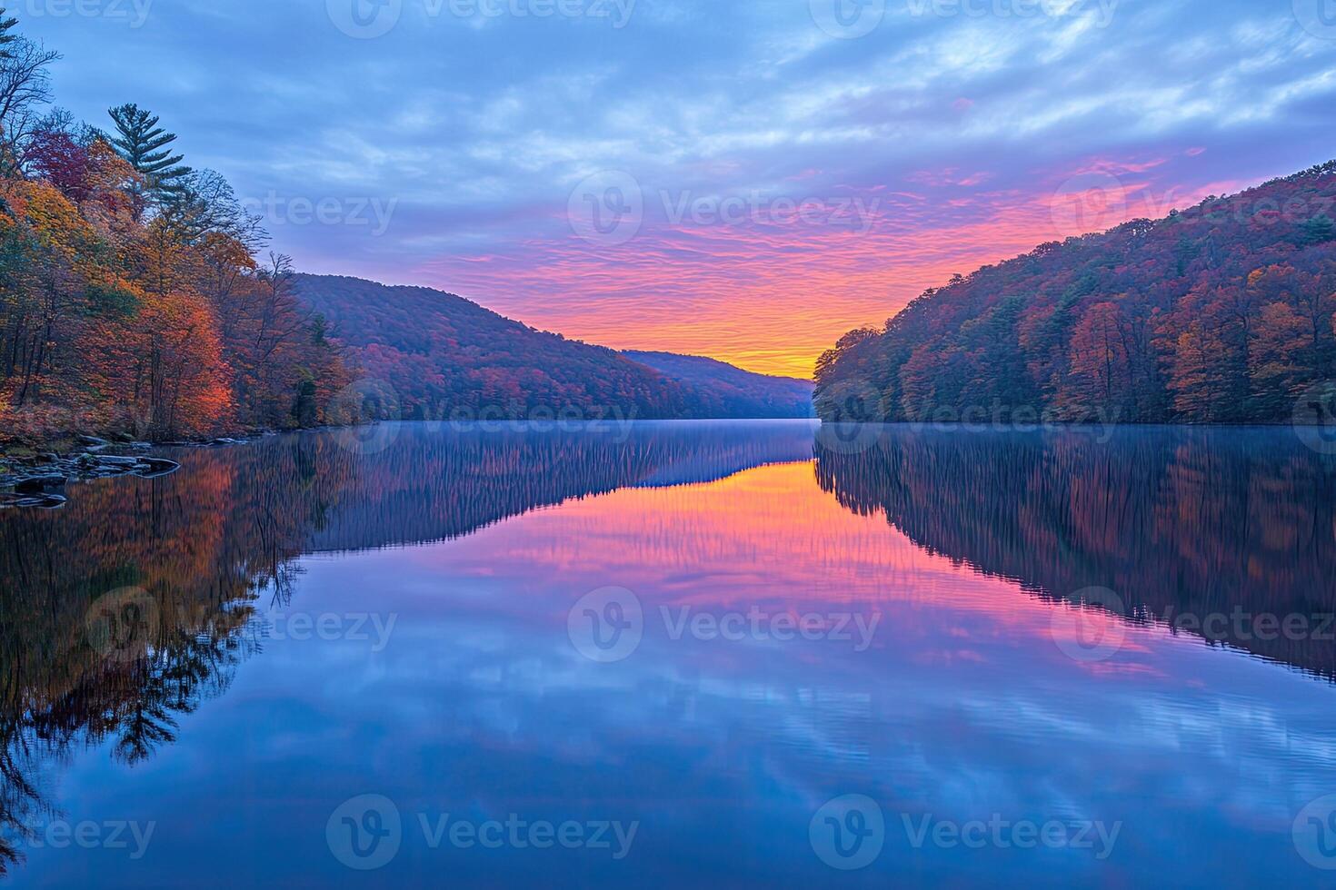 A lake with a colorful sky and trees photo
