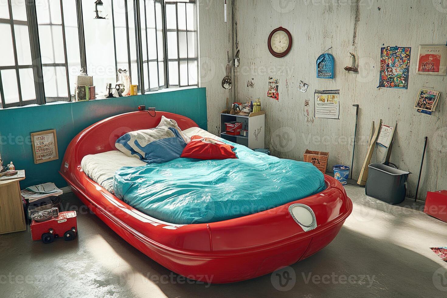 A bed with a red and blue bedspread photo