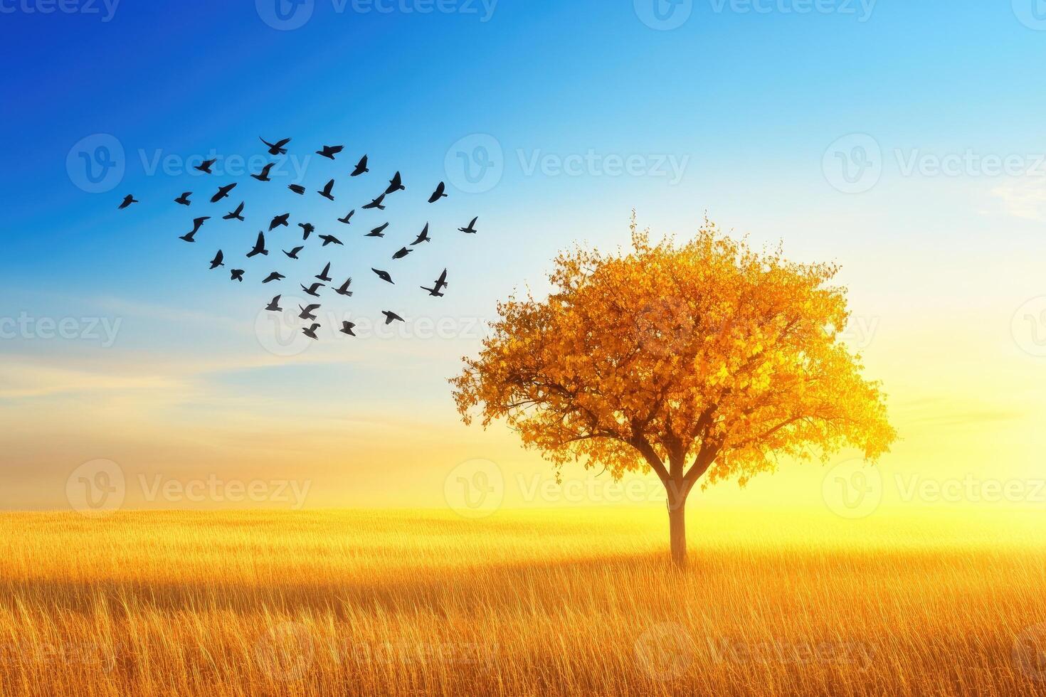A tree and birds flying over a field photo