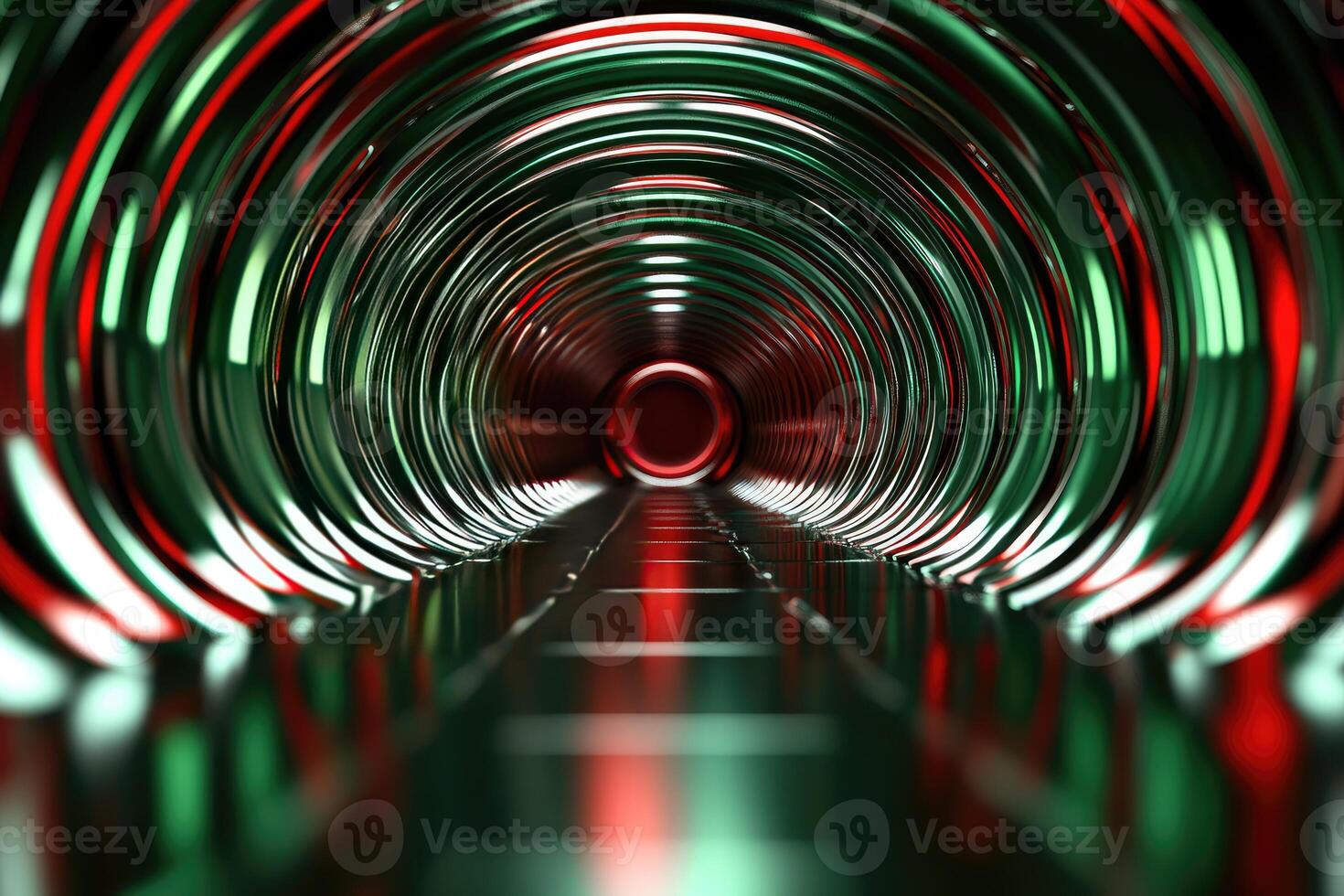A red and green tunnel with a red light photo
