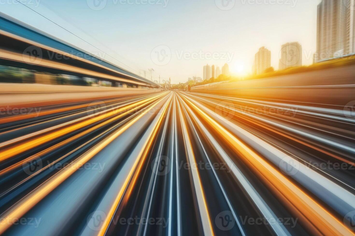 Motion blurred image of a train going through the city photo