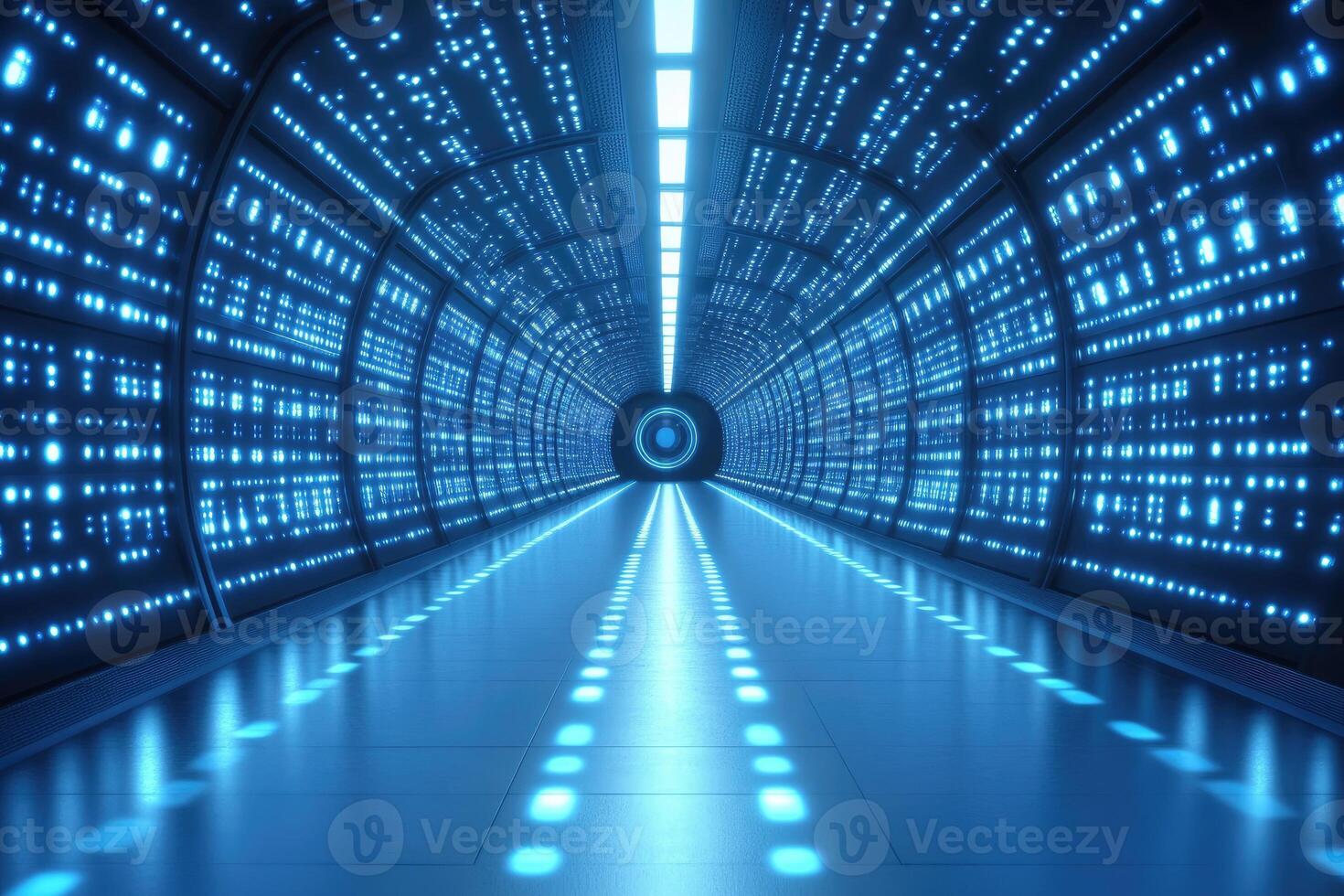A tunnel with many lights and a long hallway photo