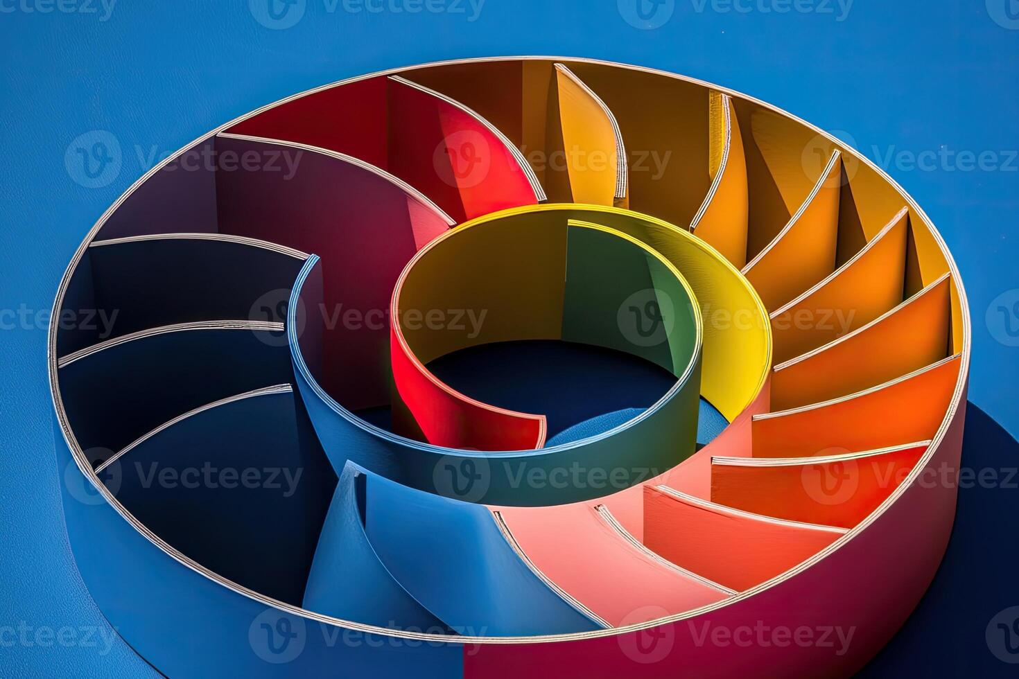 A colorful spiral of paper on a blue surface photo