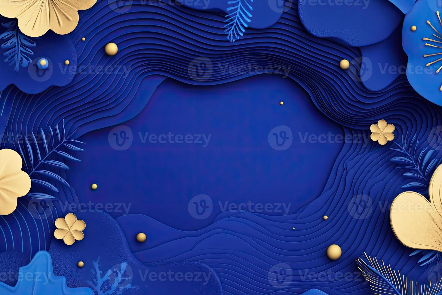 Blue and gold paper art with flowers and leaves photo