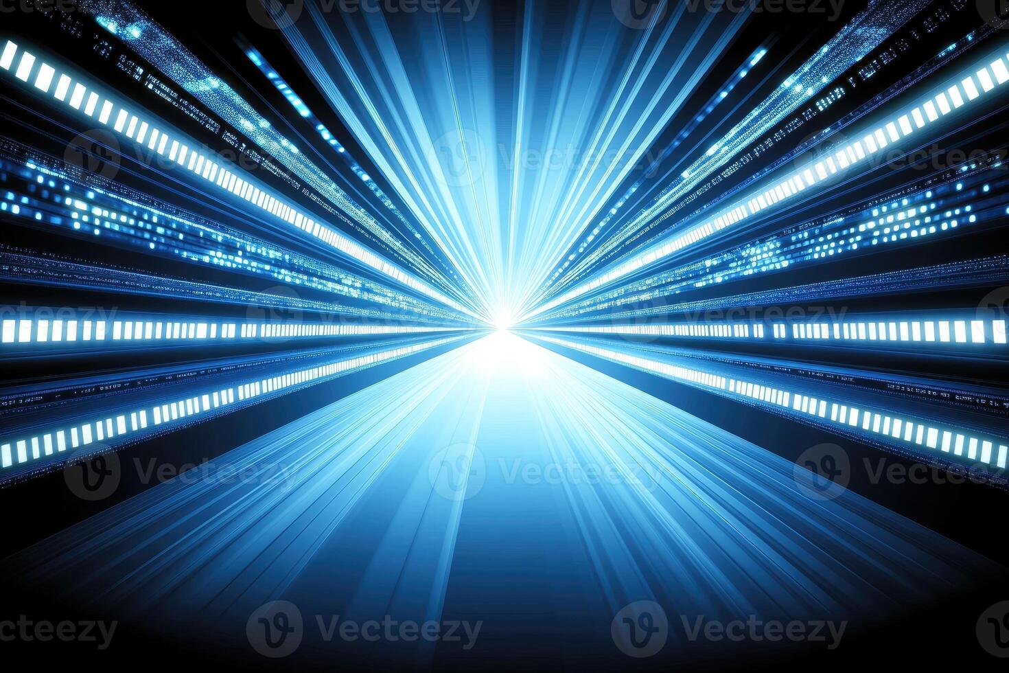 A blue light beam is shining through a dark background photo