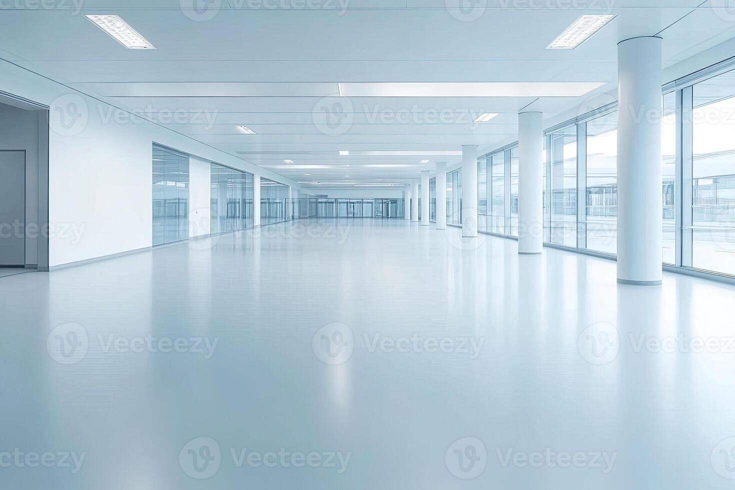 Empty office corridor with white walls and windows photo